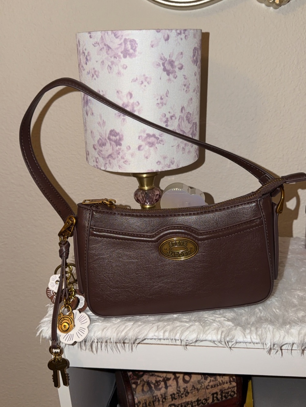 Steve Madden Chocolate Brown Leather Shoulder Bag with Charm Accents